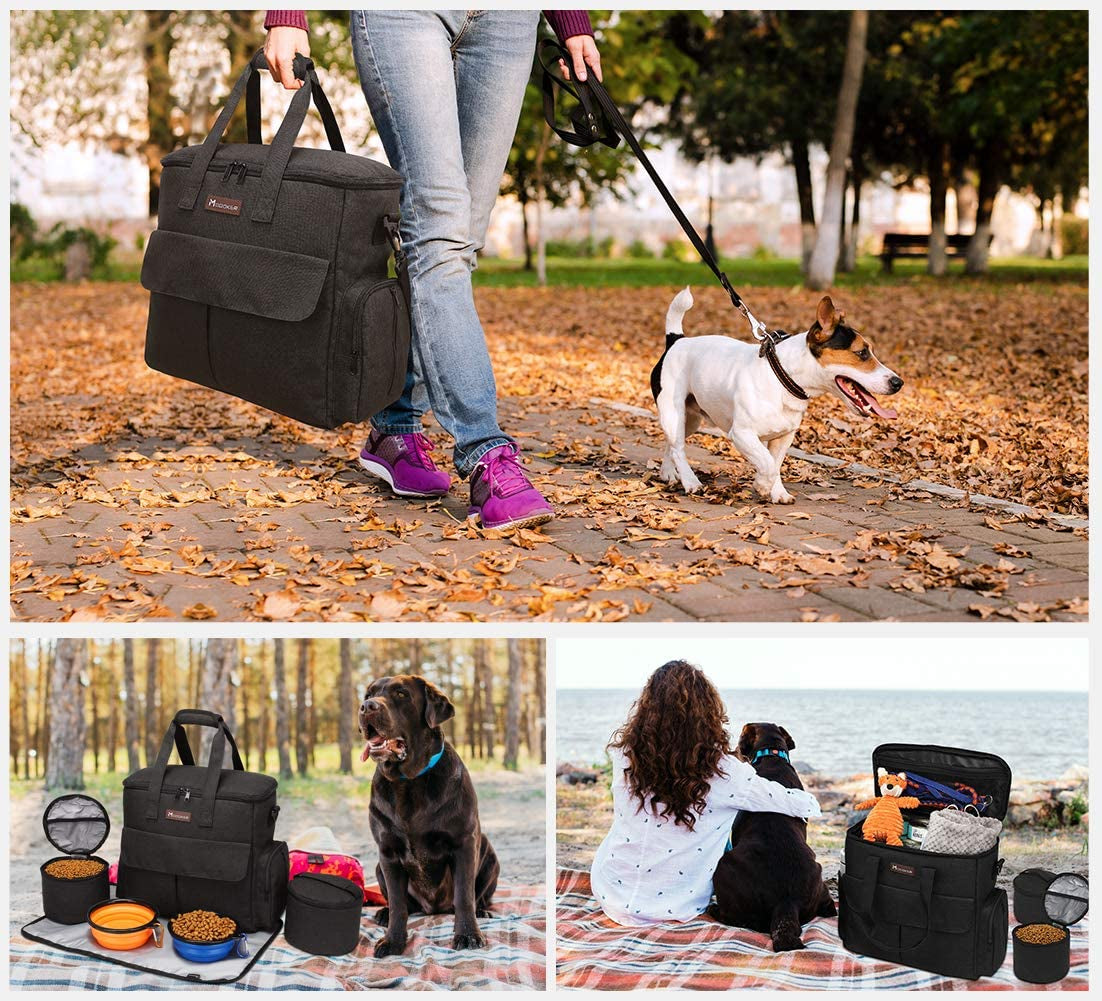 Dog Travel Bag by - Dog Travel Kit for a Weekend Away Set Includes Pet Travel Bag Organizer for Accessories, 2 Collapsible Bowls, 2 Travel Food Container (Black)