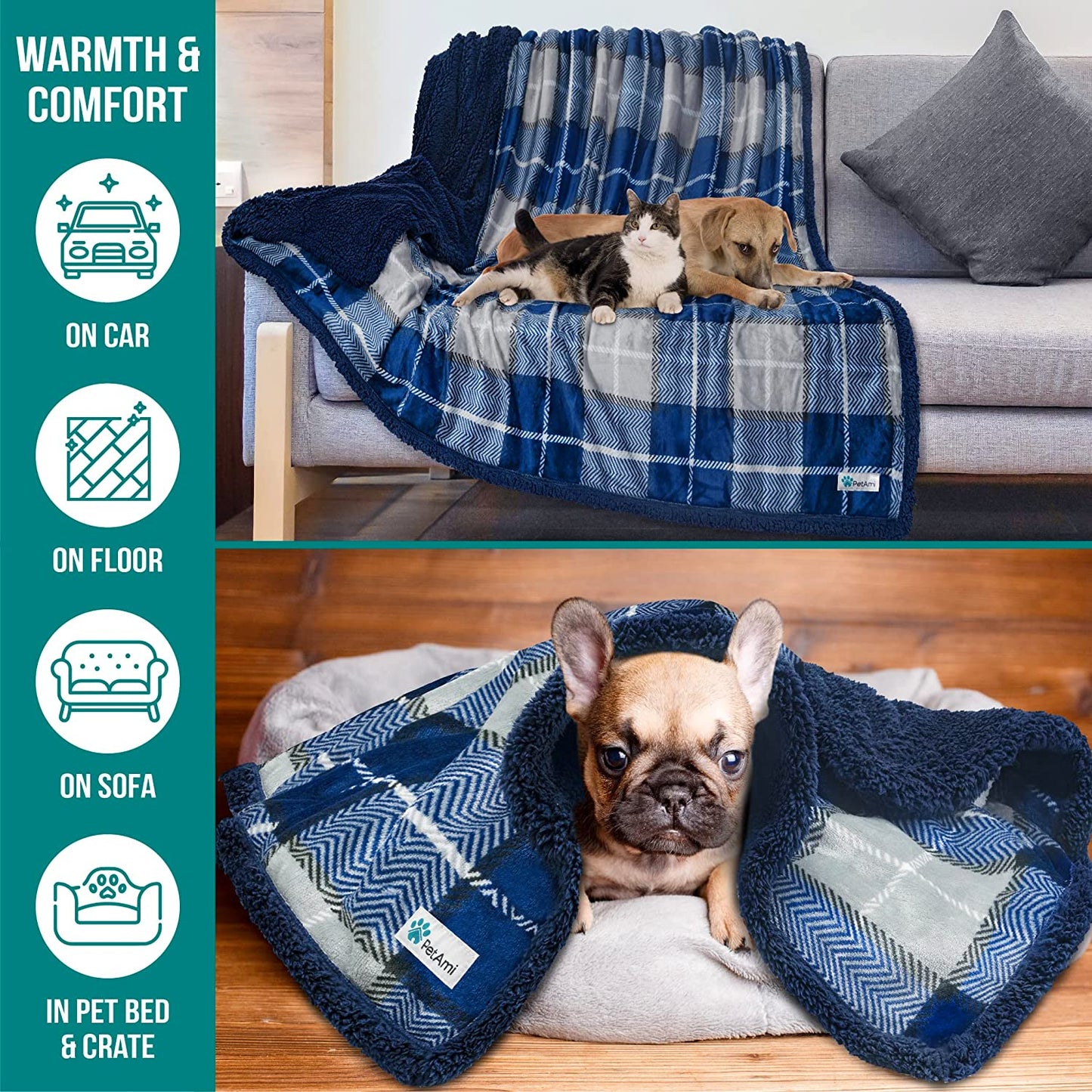 Dog Blanket for Bed, XL Pet Blanket Large Dogs, Fleece Furniture Couch Cover Protector Sofa Car Crate Kennel, Soft Sherpa Cat Throw Plush Reversible Washable, Twin 60X80 Plaid Navy Blue