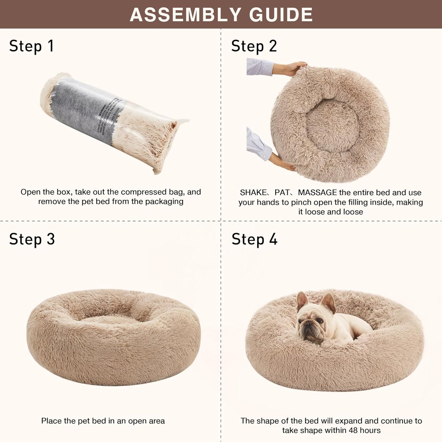 Calming Dog & Cat Bed, Cat Bed for Indoor Cats, Anti-Anxiety Donut round Bed, Fluffy Warming Pet Bed for Small Medium Dogs and Cats, Beige Taupe 20"/24"