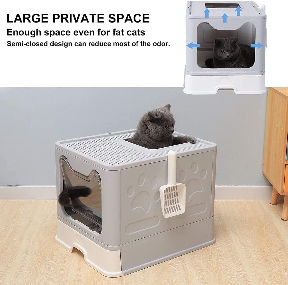 Large Cat Litter Box with Lid, Foldable Cat Litter Box With Cat Litter Scoop, Drawer Type Cat Litter Pan Easy to Scoop & Clean, Self Cleaning Cat Litter Box (Gray)