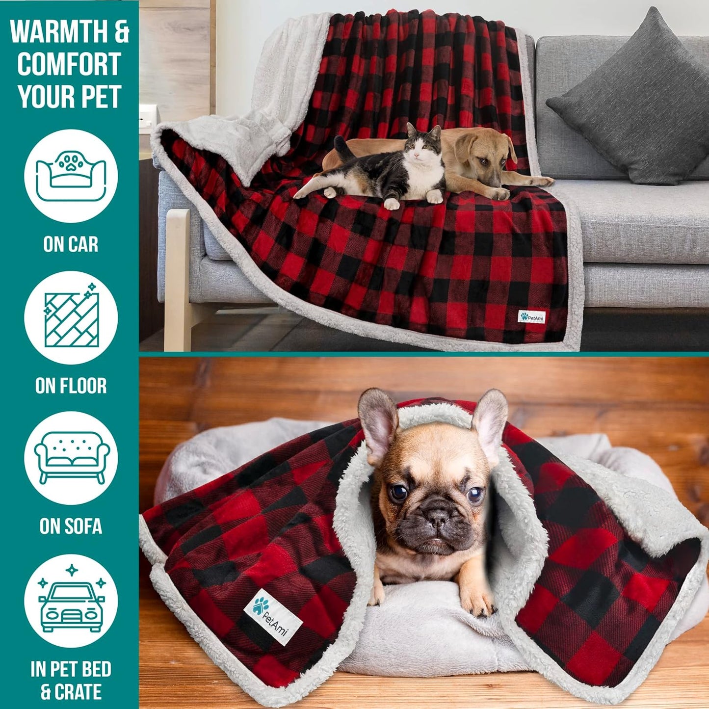 Dog Blanket for Medium Large Dogs, Pet Bed Blanket Cat Puppy Kitten, Fleece Furniture Couch Cover Protector Sofa Car, Soft Sherpa Dog Throw Plush Reversible Washable, 40X60 Checker Red