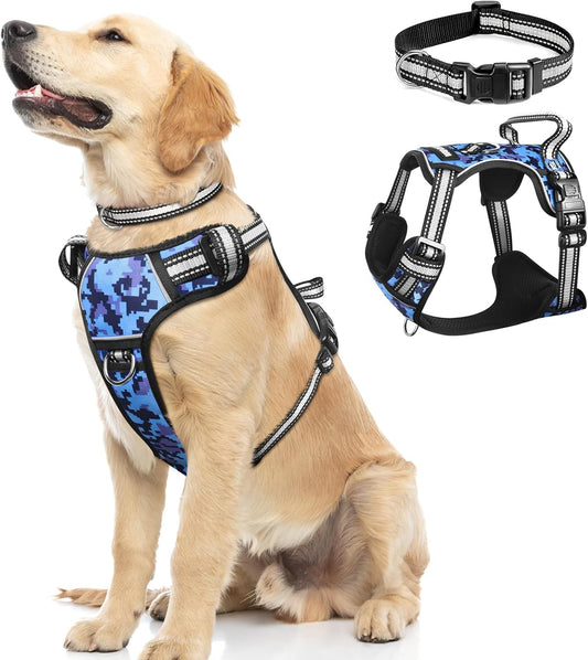 Dog Harness No Pull, Pet Harnesses with Dog Collar, Adjustable Reflective Oxford Outdoor Vest, Front/Back Leash Clips for Small, Medium, Large, Extra Large Dogs, Easy Control Handle for Walking