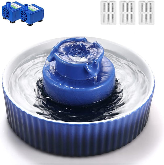Ceramic Cat Water Fountain, 2.1L/71Oz Pet Fountain for Dog and Cat, 3 Carbon Filters and 2 Pumps (Dark Blue)