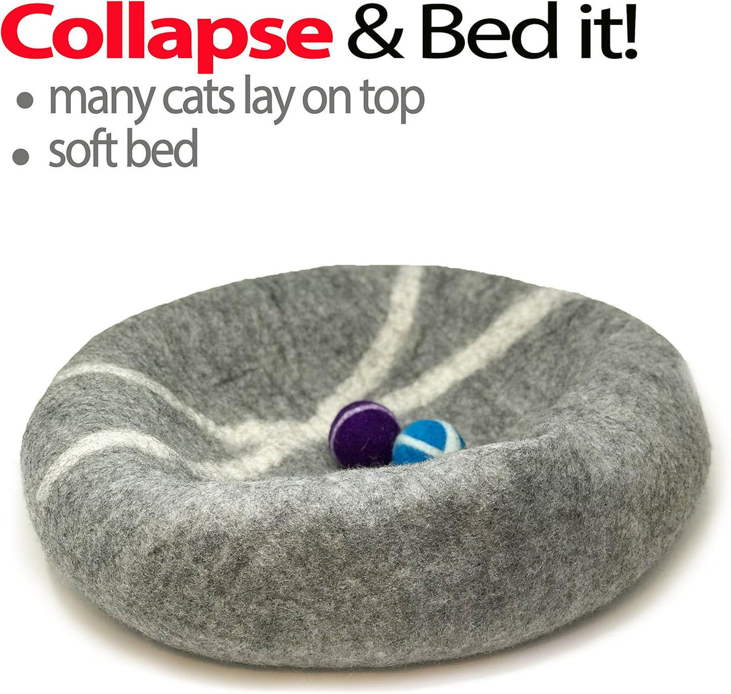 100% Natural Wool Eco-Friendly Cat & Kitten Cave Bed - Cozy House Indoor Bed for Cats & Kittens - Pet Felt Cat Cave, Cushion, Cove, Nest, Hideout, Hideaway, Tent, Tunnel Beds (Dark Gray)