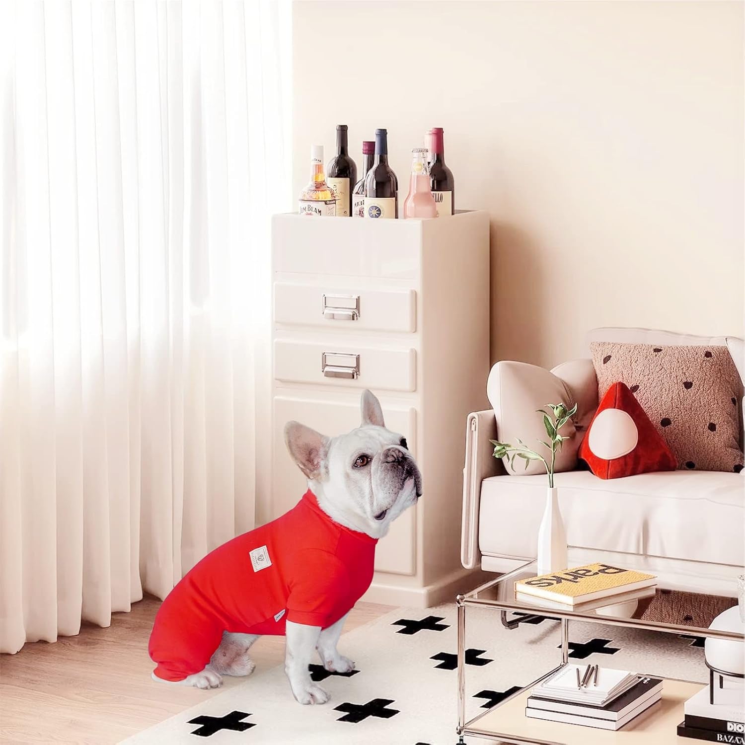 Dog Pajamas, 4 Legged Dog Jumpsuit with Thermal, Cotton Dogs Onesies Pet Clothes for Small Medium Dogs (Red, L)