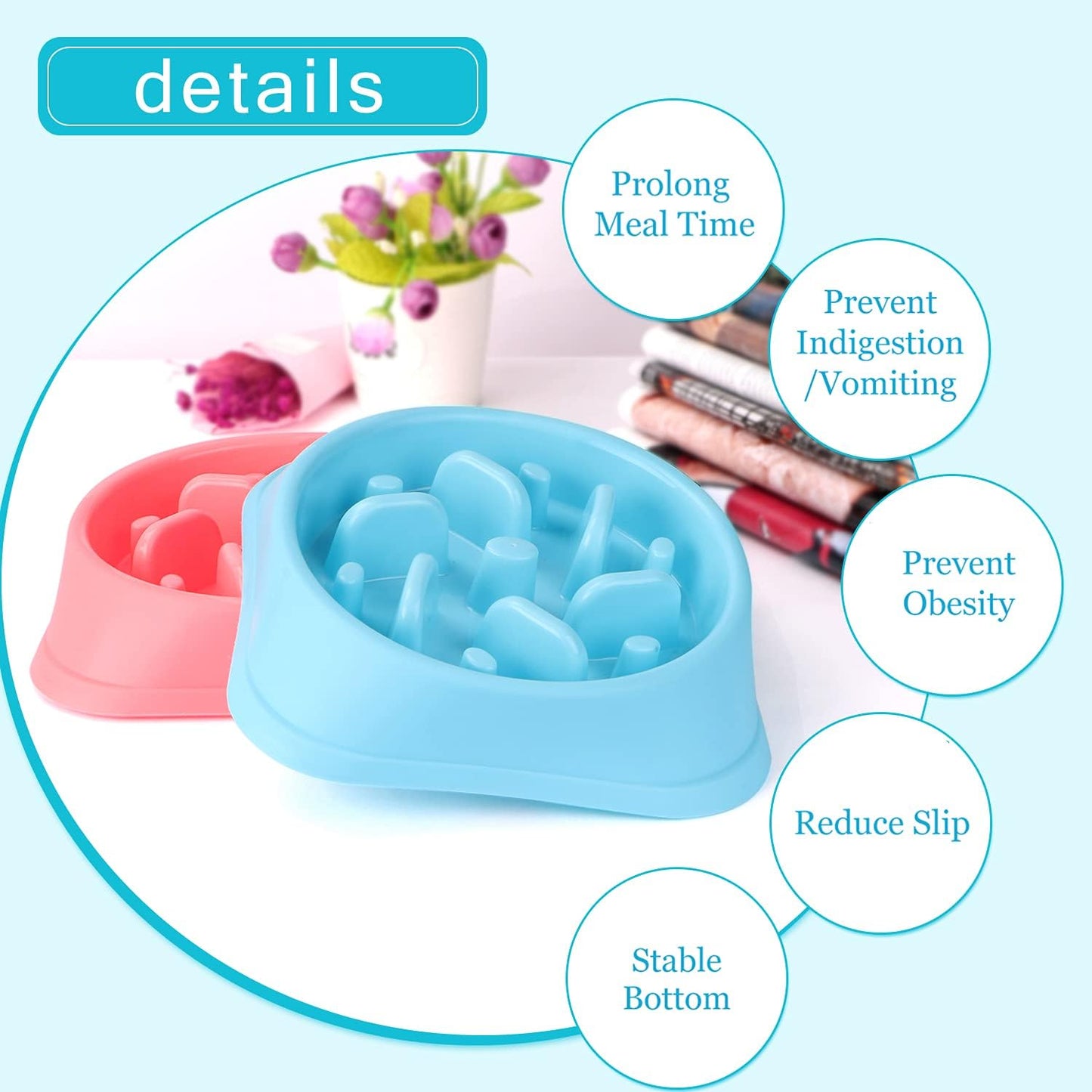 Dog Feeder Slow Eating Pet Bowl Eco-Friendly Non-Toxic Preventing Choking Healthy Design Bowl for Dog Pet(S-M,Blue+Pink)