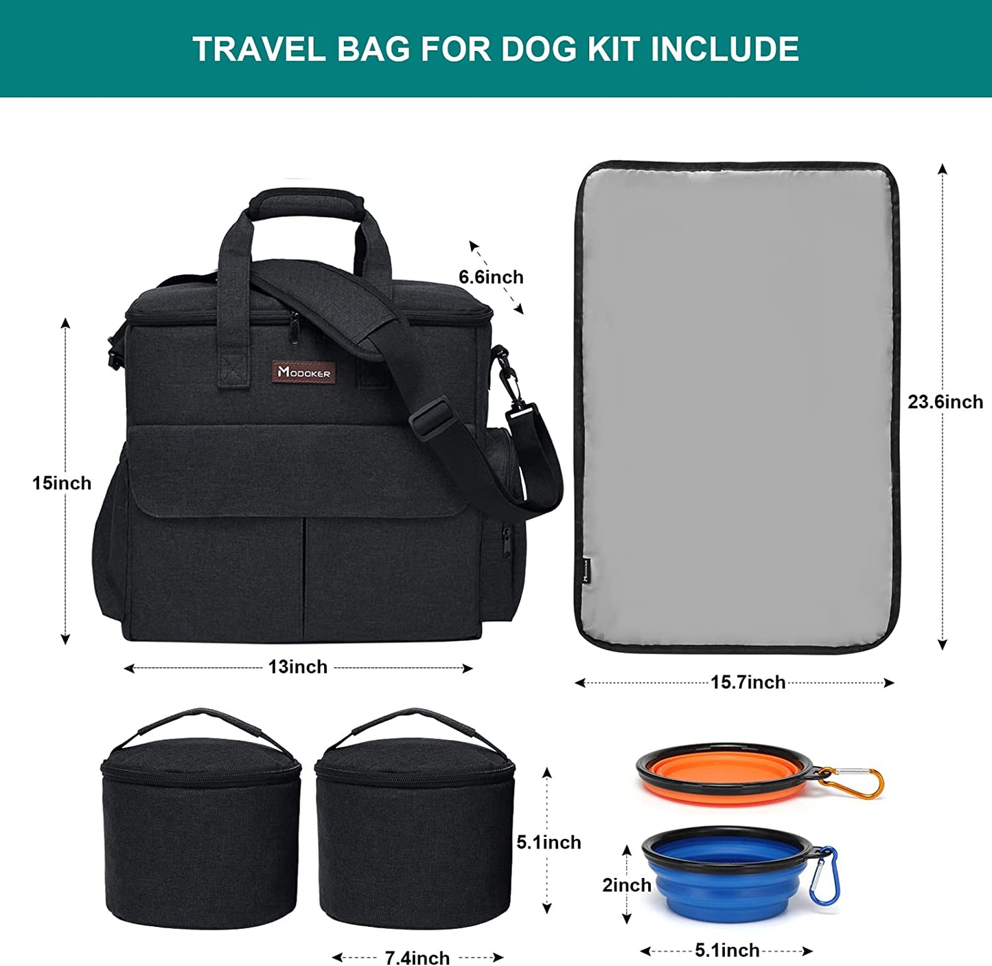Dog Travel Bag by - Dog Travel Kit for a Weekend Away Set Includes Pet Travel Bag Organizer for Accessories, 2 Collapsible Bowls, 2 Travel Food Container (Black)