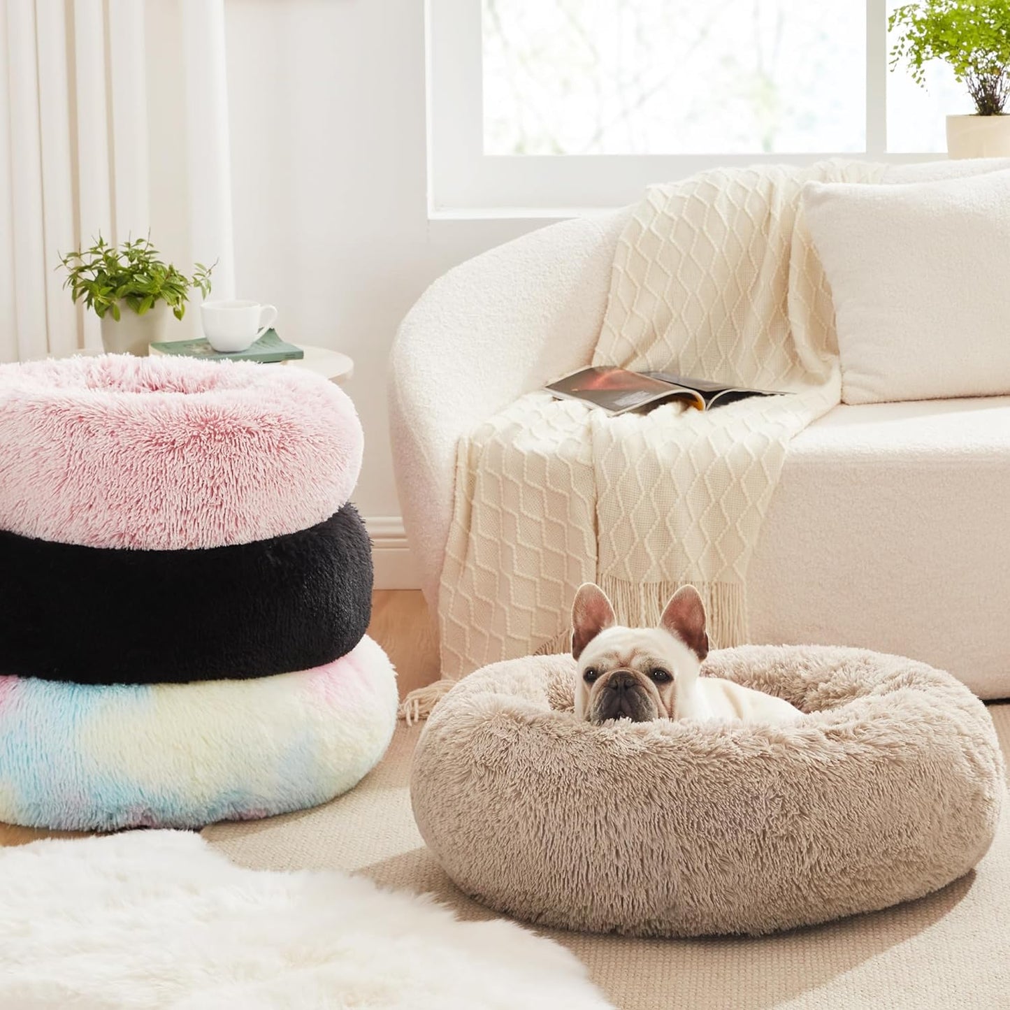 Calming Dog & Cat Bed, Cat Bed for Indoor Cats, Anti-Anxiety Donut round Bed, Fluffy Warming Pet Bed for Small Medium Dogs and Cats, Beige Taupe 20"/24"