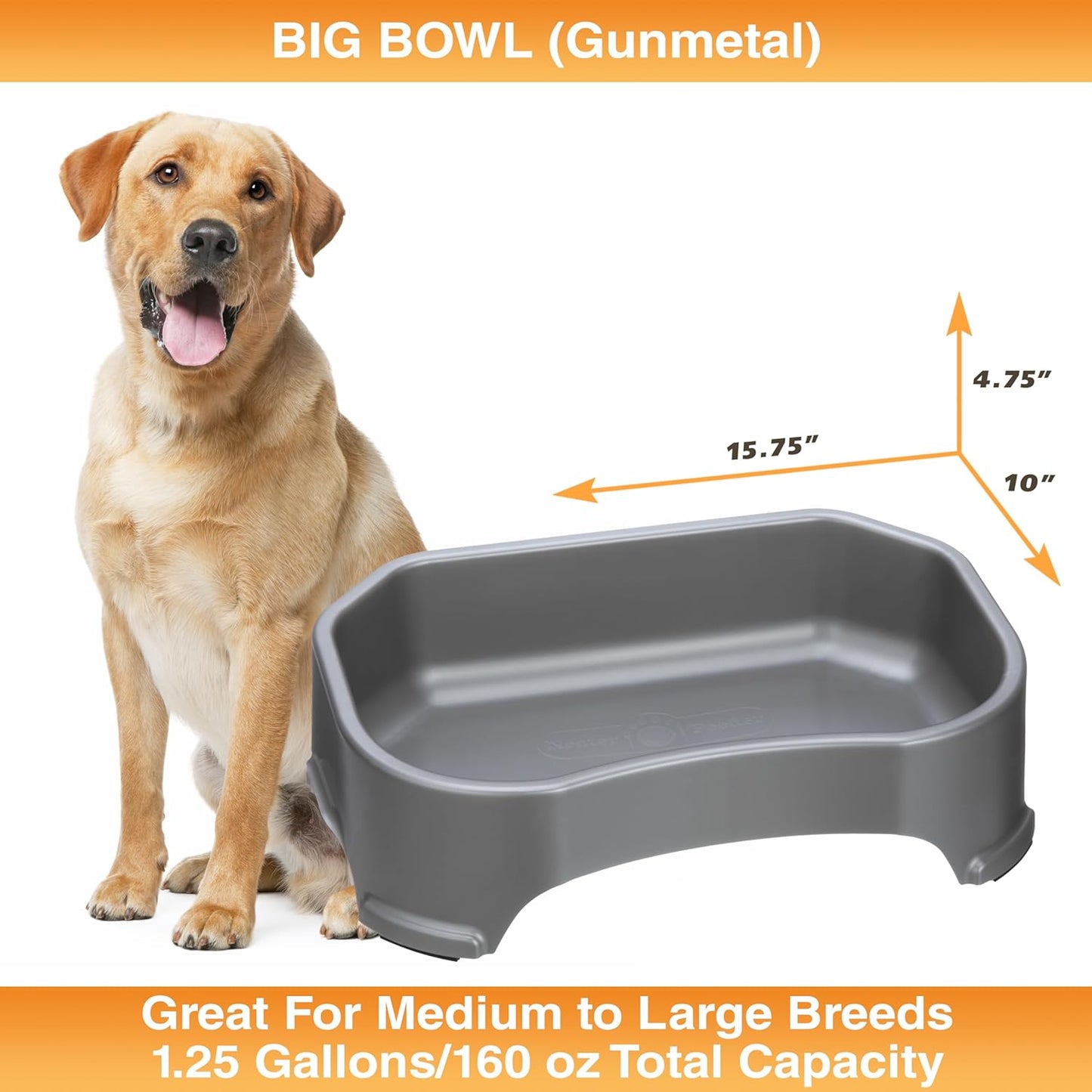 Large Water Bowl for Dogs, Outdoor Dog Water Bowl (1.25 Gallon Extra-Large Capacity), Big Trough Style Food Dish for Indoors or Outside, No Spill Large Dog Bowls, Gunmetal Grey