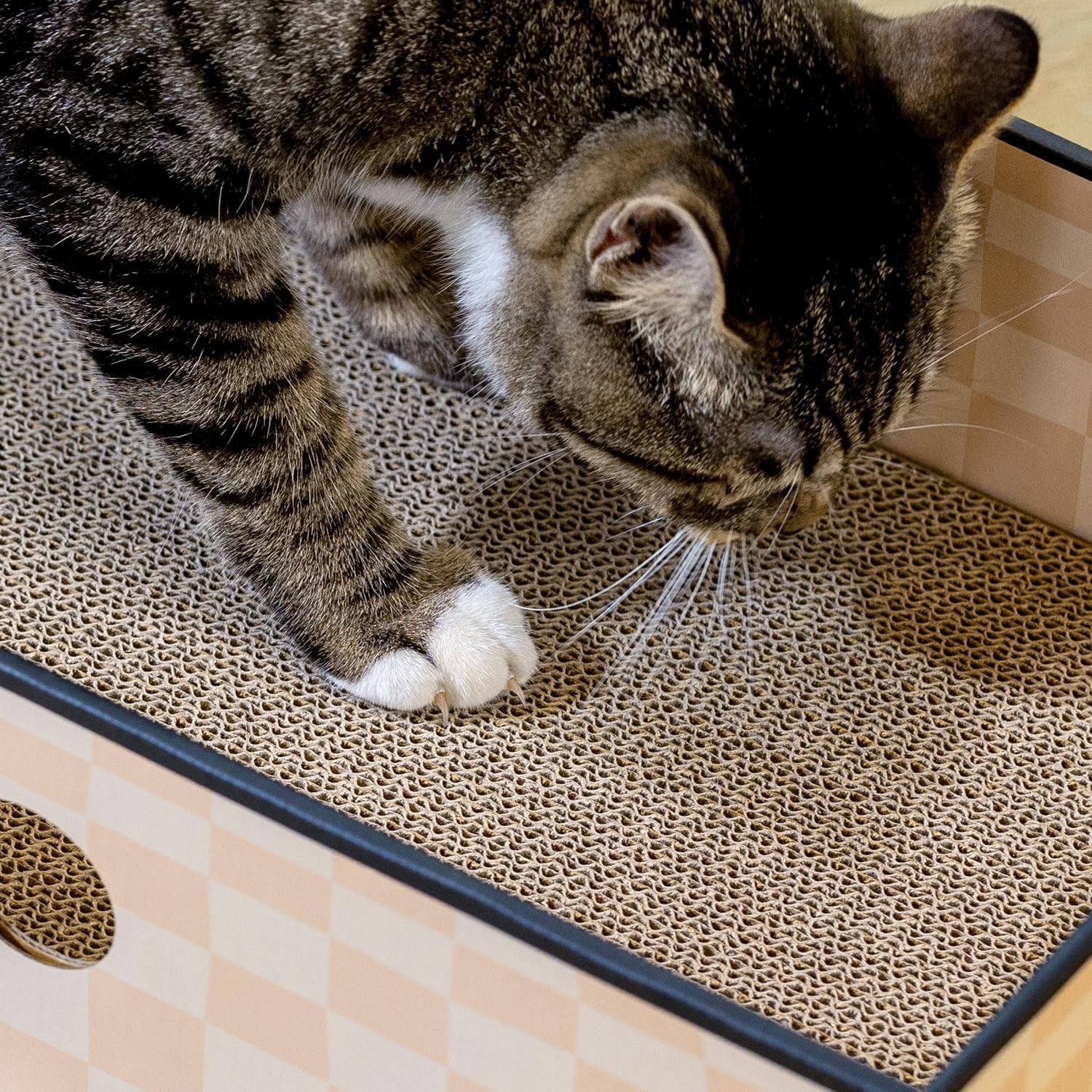 Cat Scratcher Box with 3-Layer Corrugated Board, Heavy-Duty Double-Sided Cardboard Cat Bed, Interactive Hole Design, Checkered, Large