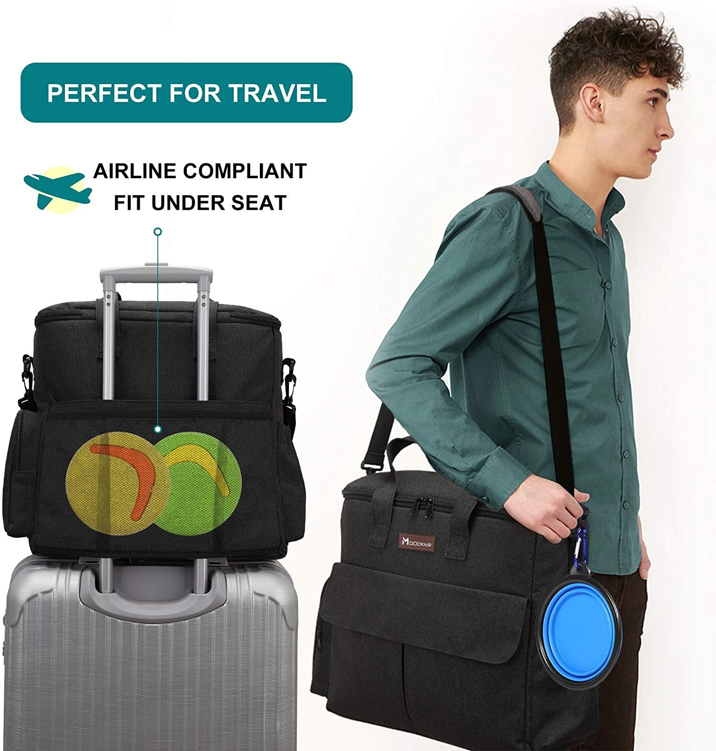 Dog Travel Bag by - Dog Travel Kit for a Weekend Away Set Includes Pet Travel Bag Organizer for Accessories, 2 Collapsible Bowls, 2 Travel Food Container (Black)