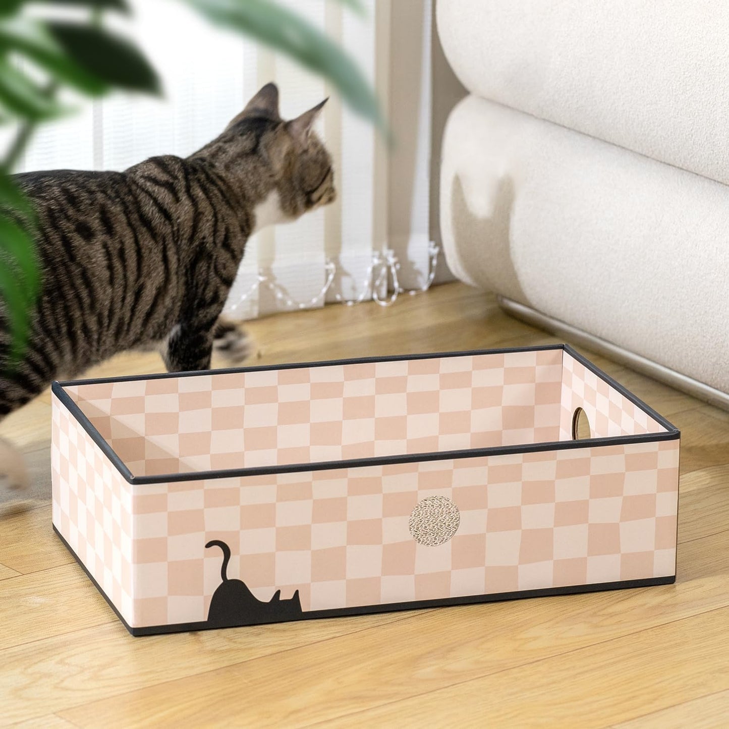 Cat Scratcher Box with 3-Layer Corrugated Board, Heavy-Duty Double-Sided Cardboard Cat Bed, Interactive Hole Design, Checkered, Large