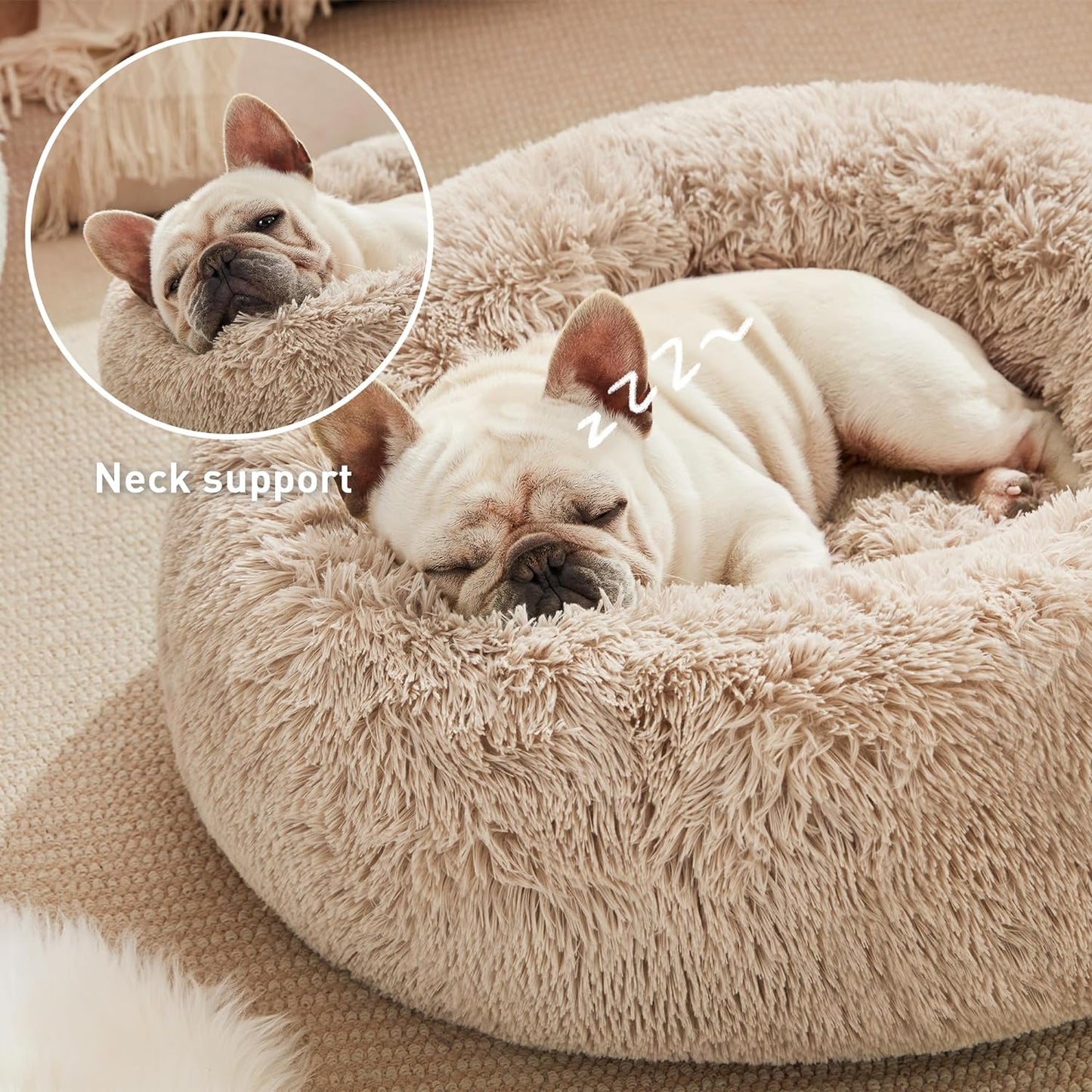 Calming Dog & Cat Bed, Cat Bed for Indoor Cats, Anti-Anxiety Donut round Bed, Fluffy Warming Pet Bed for Small Medium Dogs and Cats, Beige Taupe 20"/24"