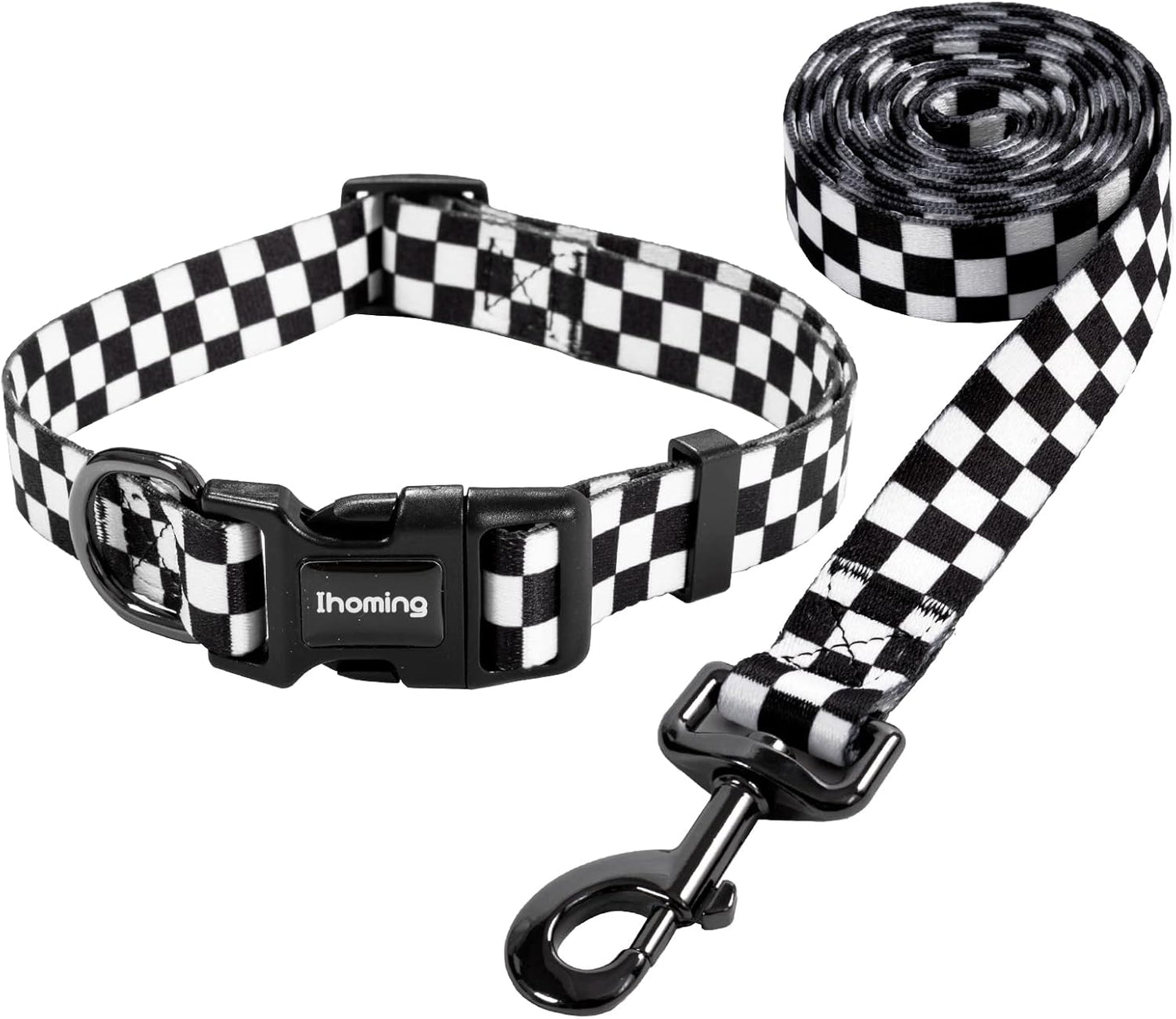 Dog Collar and Leash Set for Daily Outdoor Walking Running Training, Chess Board Design for Large Boys Girls Dogs Cats Pets, L-Up to 80LBS