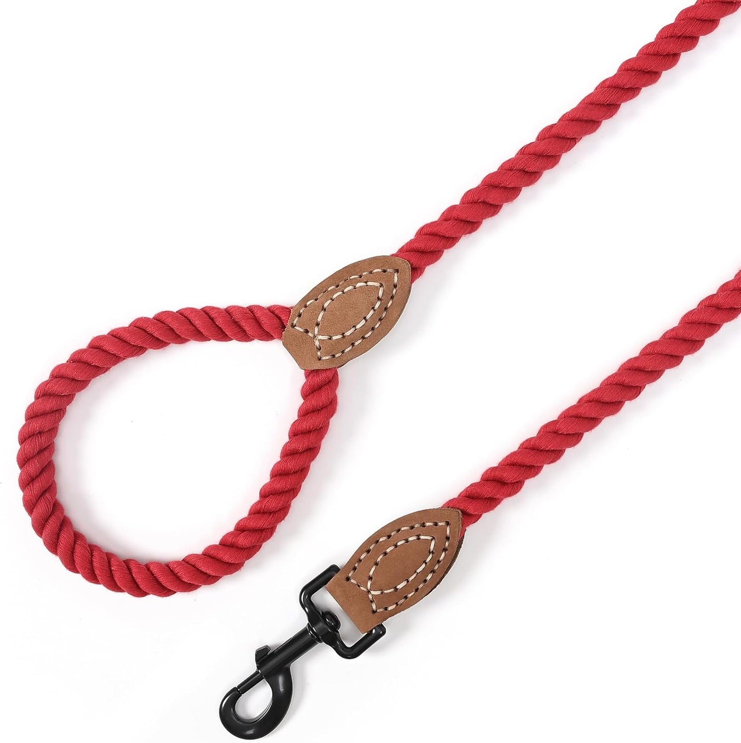 Dog Leash, Braided Cotton Rope Leashes with Leather Tailor Tip with Leather Tip - Heavy Duty Metal Clasp, 5FT, 1/2" Thick - Wedding, Walking Leash for Medium Large Dogs(Red)
