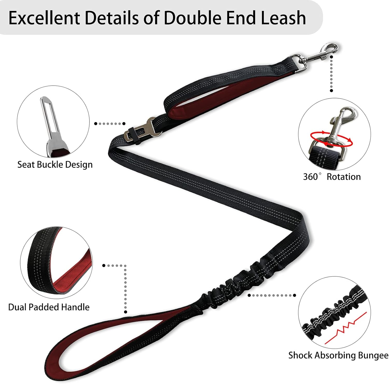 Double Dog Leash - 360 No Tangle Two Dogs Leash, Adjustable, Tangle Free for Small to Large Dogs - Walking & Training (Black + Red)
