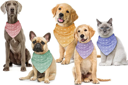 5-Piece Dog Bandanas, Washable Cotton Polka Dots, Reversible, Suitable for Small to Medium Dogs & Cats (Pink+Blue+Yellow+Purple+Green, 17.7 Inches)