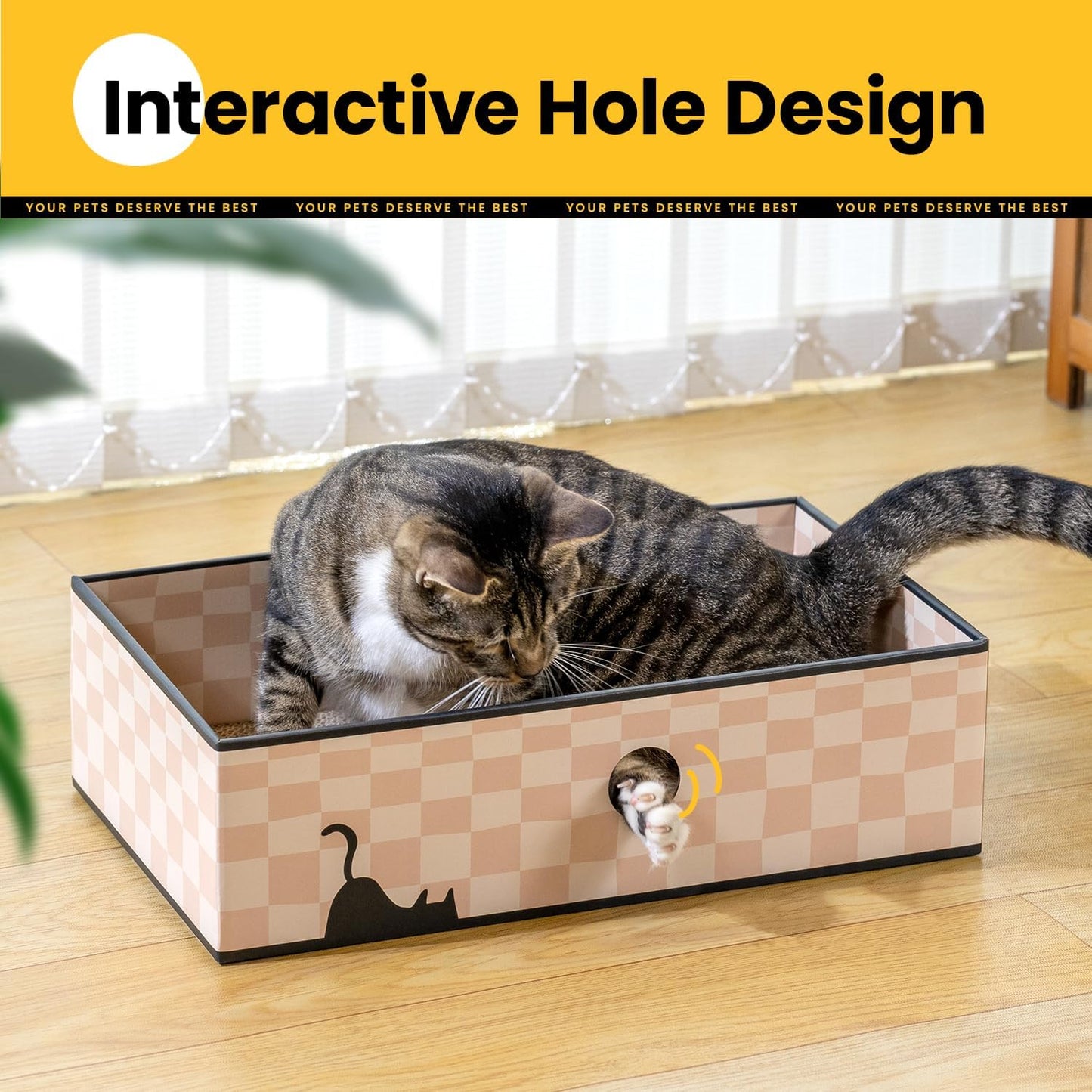Cat Scratcher Box with 3-Layer Corrugated Board, Heavy-Duty Double-Sided Cardboard Cat Bed, Interactive Hole Design, Checkered, Large