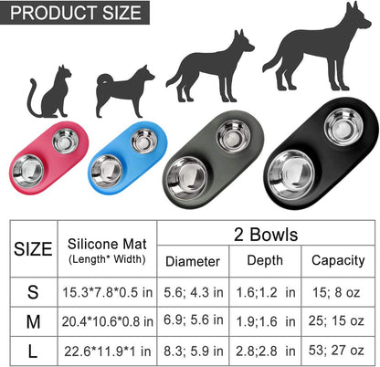 Double Dog Cat Bowls 2 Stainless Steel with No Spill Non-Skid Silicone Mat, Pet Food Water Feeder Bowl for Small Medium Large Dogs, Puppies, and Pets