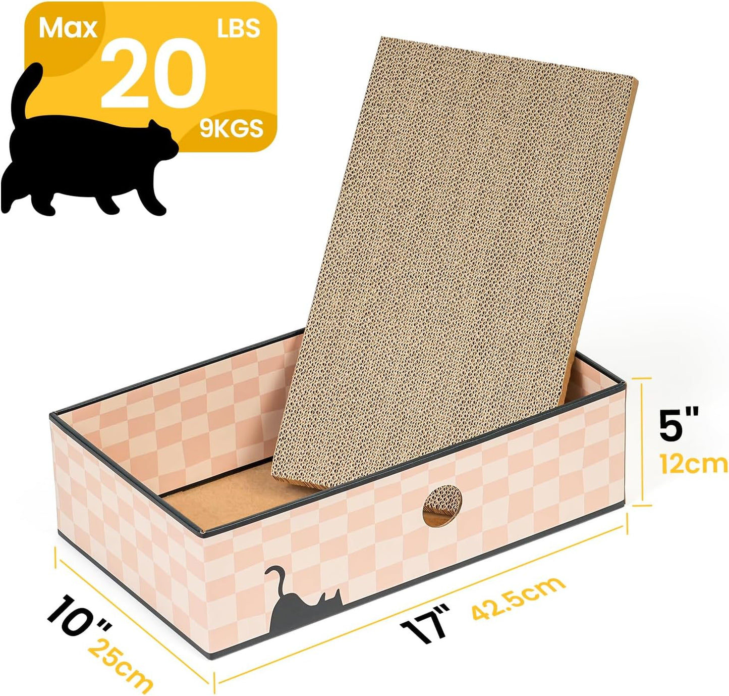 Cat Scratcher Box with 3-Layer Corrugated Board, Heavy-Duty Double-Sided Cardboard Cat Bed, Interactive Hole Design, Checkered, Large