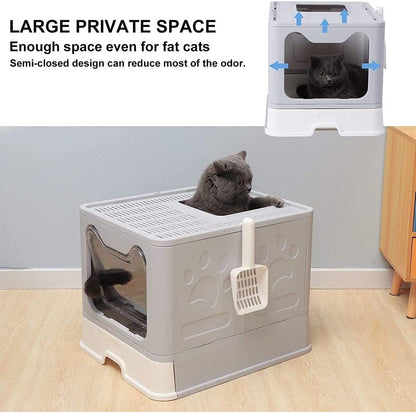 Large Cat Litter Box with Lid, Foldable Cat Litter Box ​With Cat Litter Scoop, Drawer Type Cat Litter Pan Easy to Scoop & Clean, Self Cleaning Cat Litter Box (Gray)