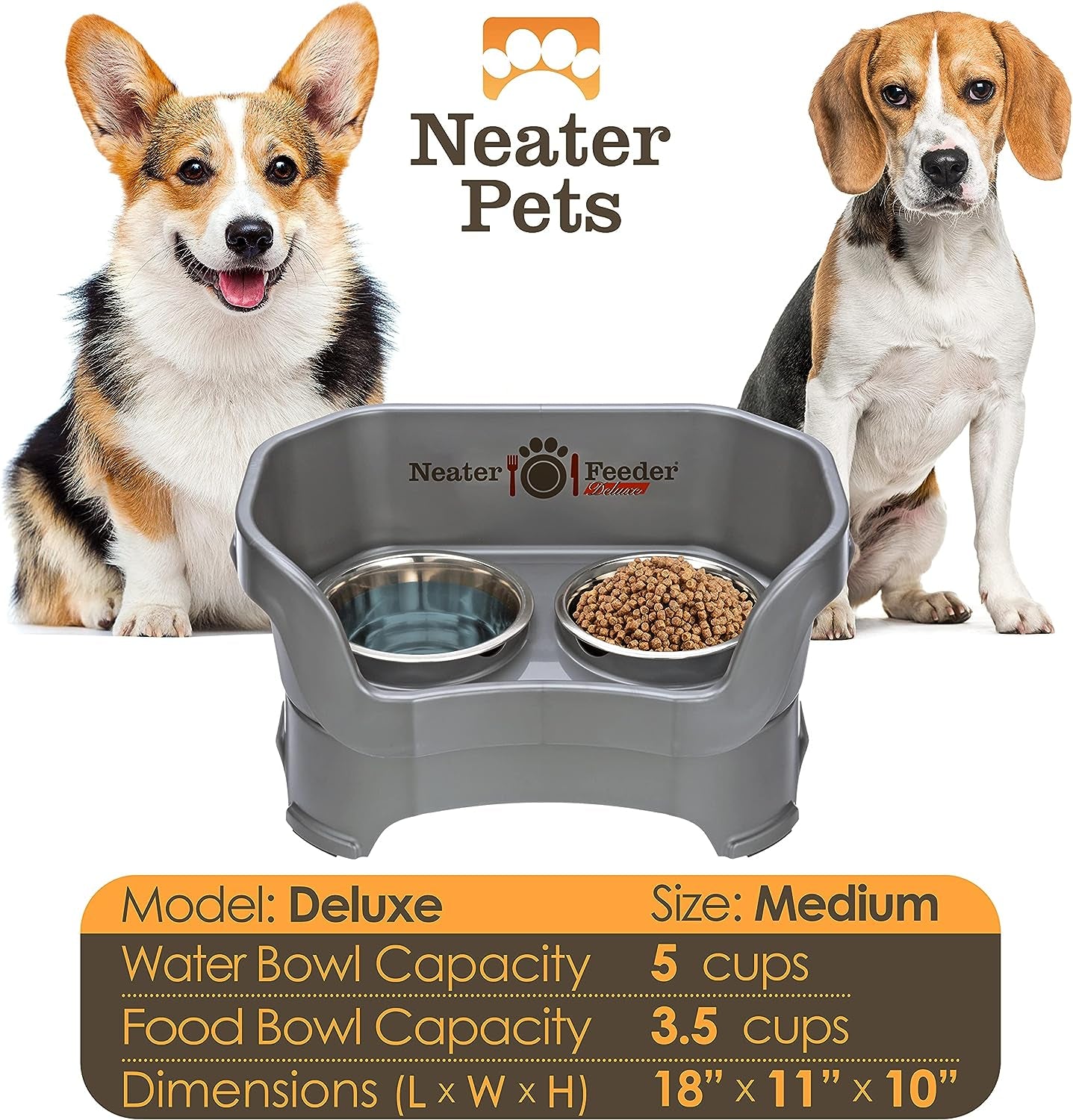 Neater Feeder Deluxe Mess Proof Dog Bowls Elevated for Medium Dogs 19-40 Lbs, Made in USA, No Spill Raised Dog Food Bowl Stand Feeding Station, Food and Water Bowl Set, Grey