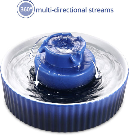 Ceramic Cat Water Fountain, 2.1L/71Oz Pet Fountain for Dog and Cat, 3 Carbon Filters and 2 Pumps (Dark Blue)