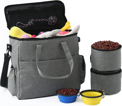 Dog Travel Bag Airline Approved Travel Set for Dogs of Stores All Your Dog Accessories - Includes Travel Bag, 2X Food Storage Containers and 2X Collapsible Dog Bowls (Grey)