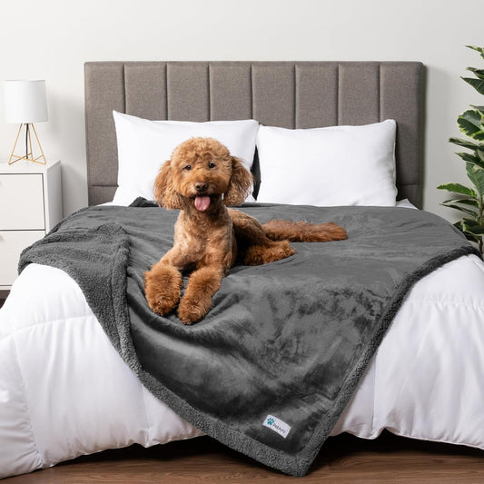 Waterproof Dog Blanket for Queen Bed Large XL Dog Throw for Couch Cover Leakproof Furniture Protection, Sherpa Fleece, Reversible Soft Washable 90X90 Gray Gray