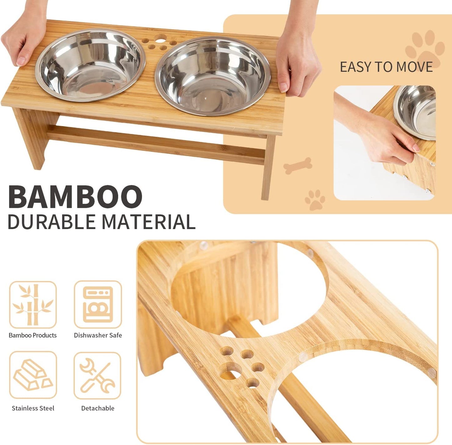 Raised Pet Bowls for Cats and Small Dogs, Bamboo Elevated Dog Cat Food and Water Bowls Stand Feeder with 2 Stainless Steel Bowls and anti Slip Feet (10'' Tall-50 Oz Bowl)