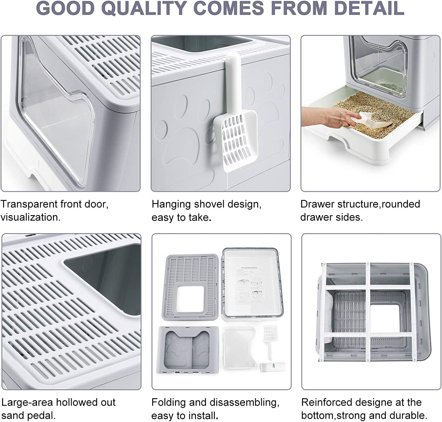 Large Cat Litter Box with Lid, Foldable Cat Litter Box ​With Cat Litter Scoop, Drawer Type Cat Litter Pan Easy to Scoop & Clean, Self Cleaning Cat Litter Box (Gray)