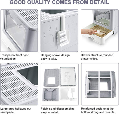 Large Cat Litter Box with Lid, Foldable Cat Litter Box ​With Cat Litter Scoop, Drawer Type Cat Litter Pan Easy to Scoop & Clean, Self Cleaning Cat Litter Box (Gray)