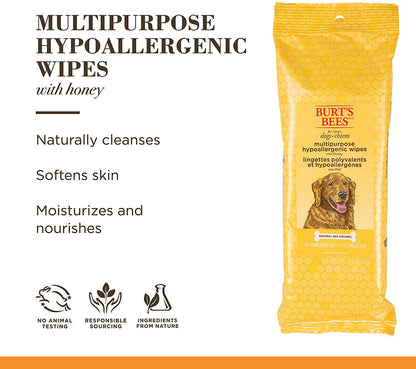 Multipurpose Dog Wipes with Honey, 98% Natural Origin Formulas, Hypoallergenic Dogs Wipe, Canine Cleaning Sheets for Paws and Butt, 3 Pk, 50Ct