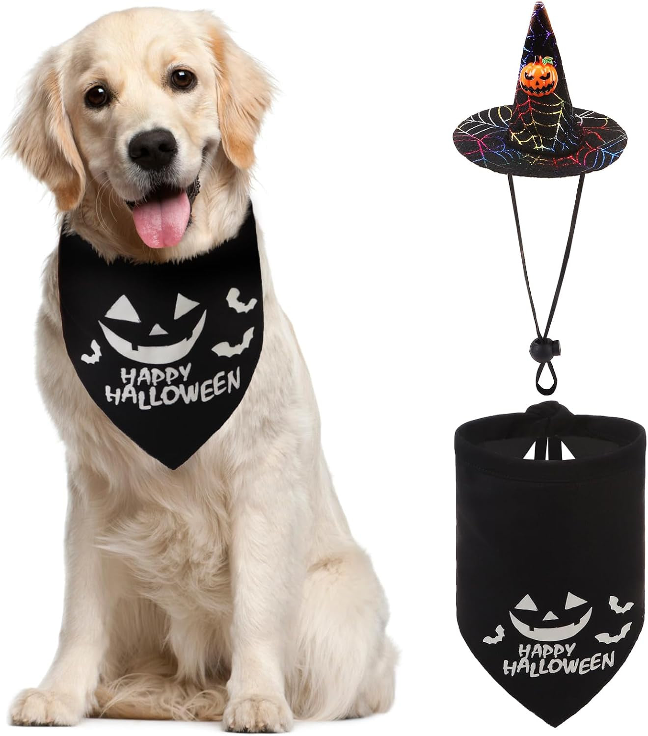 Dog Halloween Bandanas Scarf with Cute Doggy Wizard'S Hat, Pumpkin Costumes Decorations for Small Medium Large Dogs Boy Girl Funny, Black