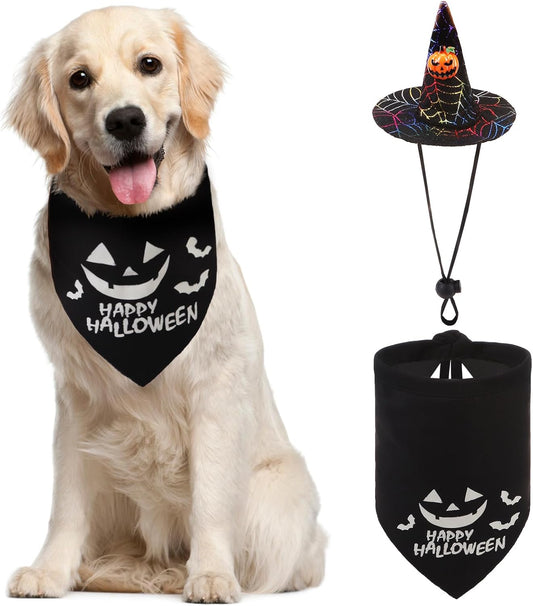 Dog Halloween Bandanas Scarf with Cute Doggy Wizard'S Hat, Pumpkin Costumes Decorations for Small Medium Large Dogs Boy Girl Funny, Black