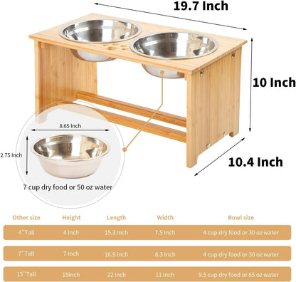 Raised Pet Bowls for Cats and Small Dogs, Bamboo Elevated Dog Cat Food and Water Bowls Stand Feeder with 2 Stainless Steel Bowls and anti Slip Feet (10'' Tall-50 Oz Bowl)