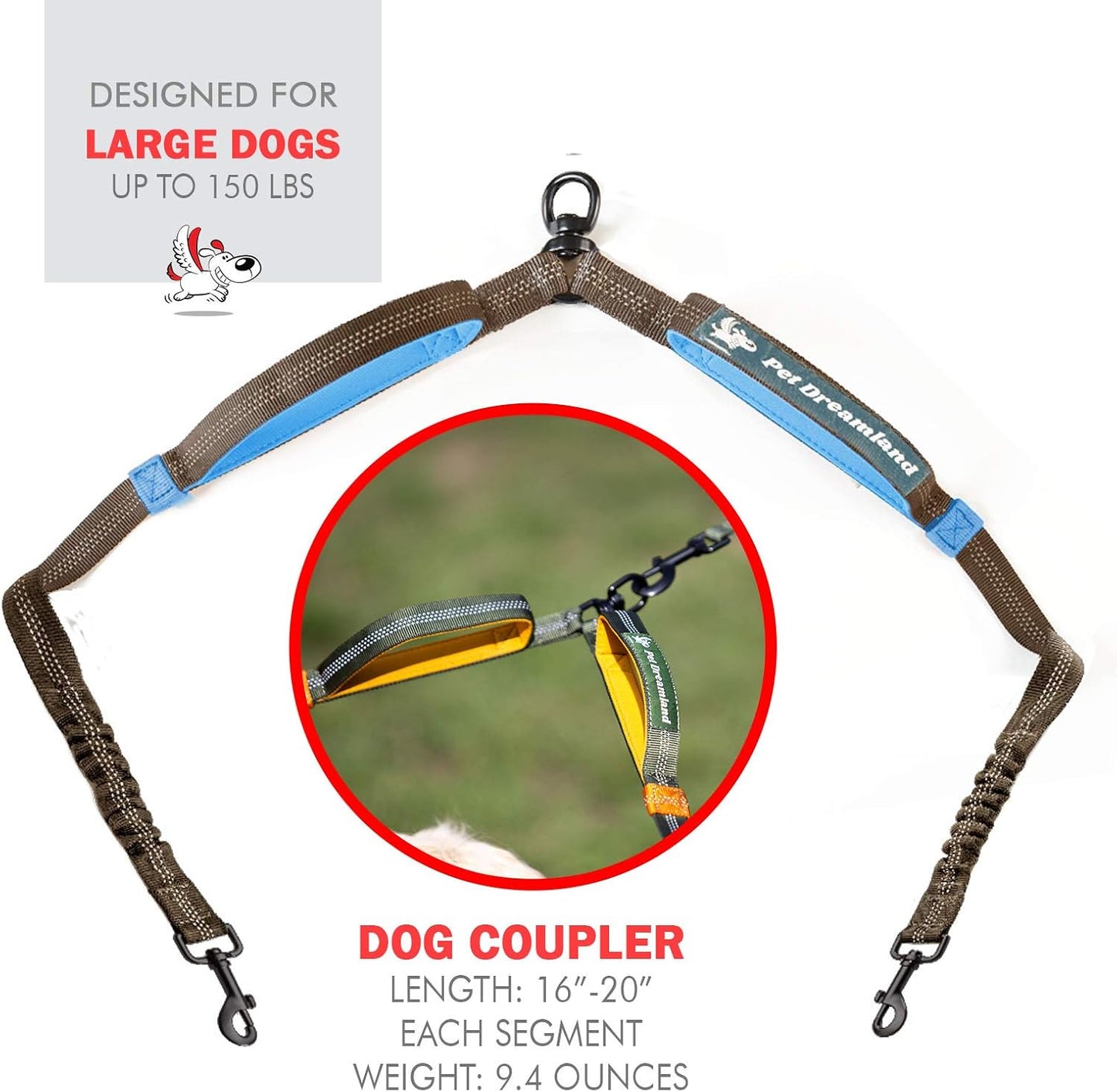 Exquisite Leash Coupler for Two Large Dogs with Tangle-Free Swivel. Dual Dog Attachment, Smooth Walks Guaranteed. You Will Absolutely Love This Amazing Gear for 2 Dogs (Grey & Blue)