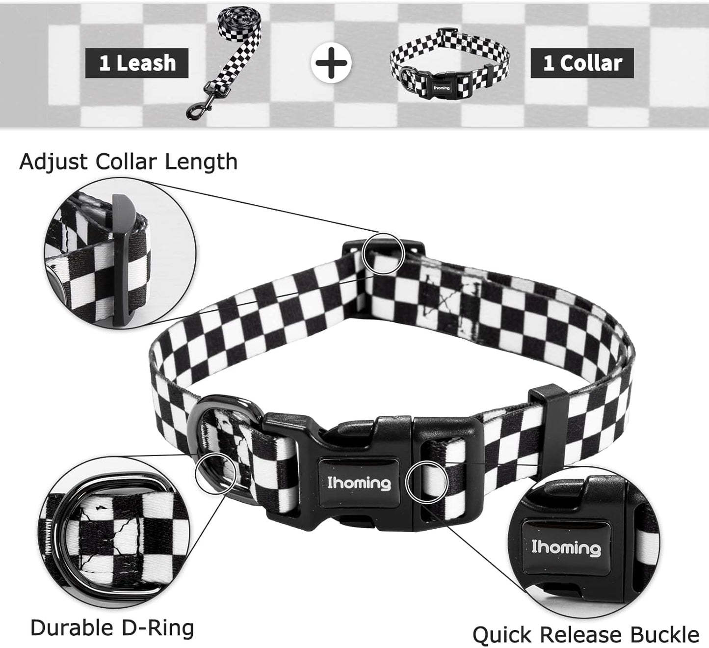 Dog Collar and Leash Set for Daily Outdoor Walking Running Training, Chess Board Design for Large Boys Girls Dogs Cats Pets, L-Up to 80LBS