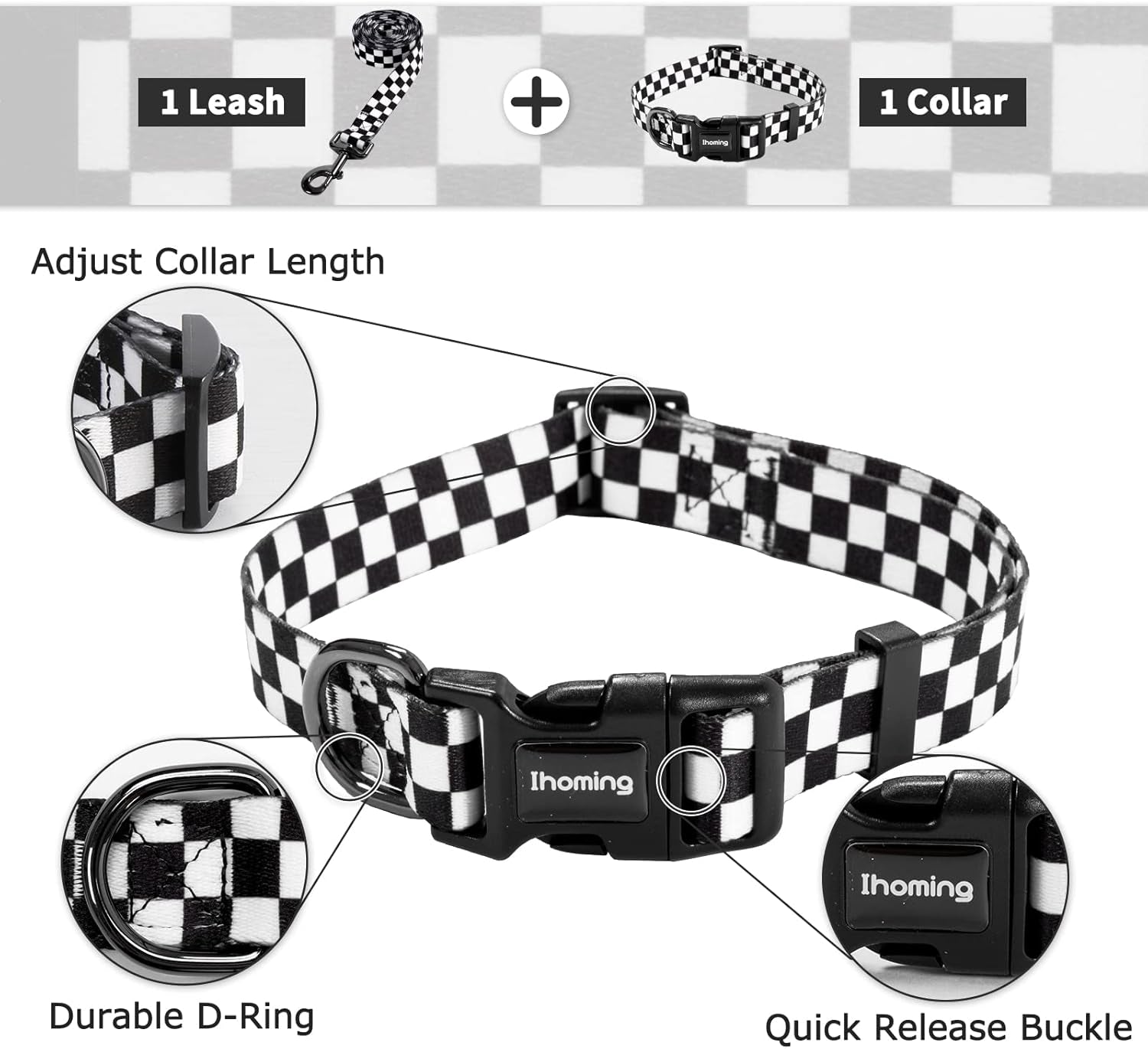 Dog Collar and Leash Set for Daily Outdoor Walking Running Training, Chess Board Design for Large Boys Girls Dogs Cats Pets, L-Up to 80LBS