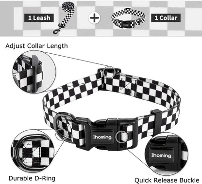Dog Collar and Leash Set for Daily Outdoor Walking Running Training, Chess Board Design for Large Boys Girls Dogs Cats Pets, L-Up to 80LBS