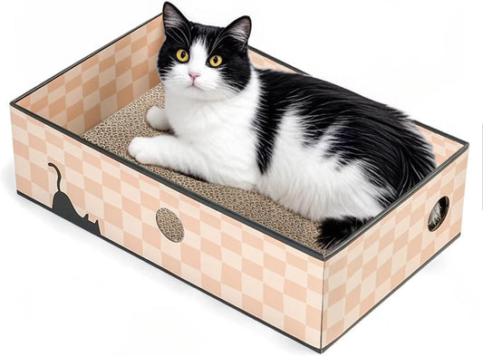Cat Scratcher Box with 3-Layer Corrugated Board, Heavy-Duty Double-Sided Cardboard Cat Bed, Interactive Hole Design, Checkered, Large