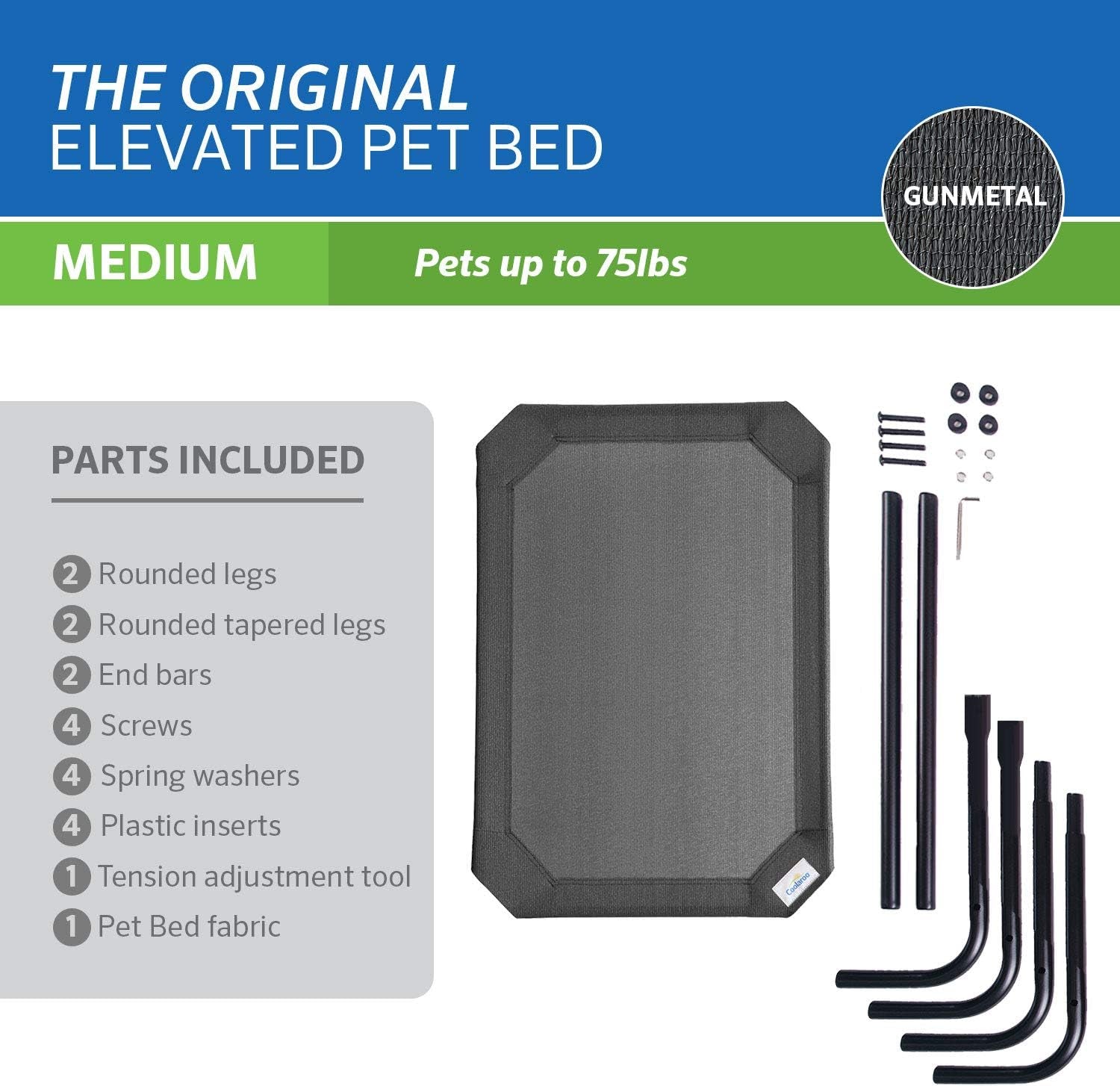 Original Elevated Dog Bed - Breathable Off-The-Ground Pet Bed with Cooling Fabric, Joint Relief & Moisture-Resistant Fabric, 100% Recyclable, Easy Clean, Gunmetal, Medium