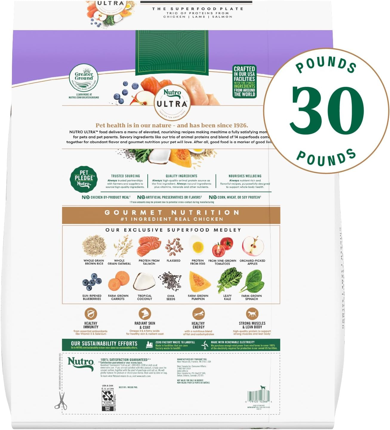 Ultra Adult Dry Dog Food with a Trio of Proteins from Chicken, Lamb and Salmon, 30 Lb Bag