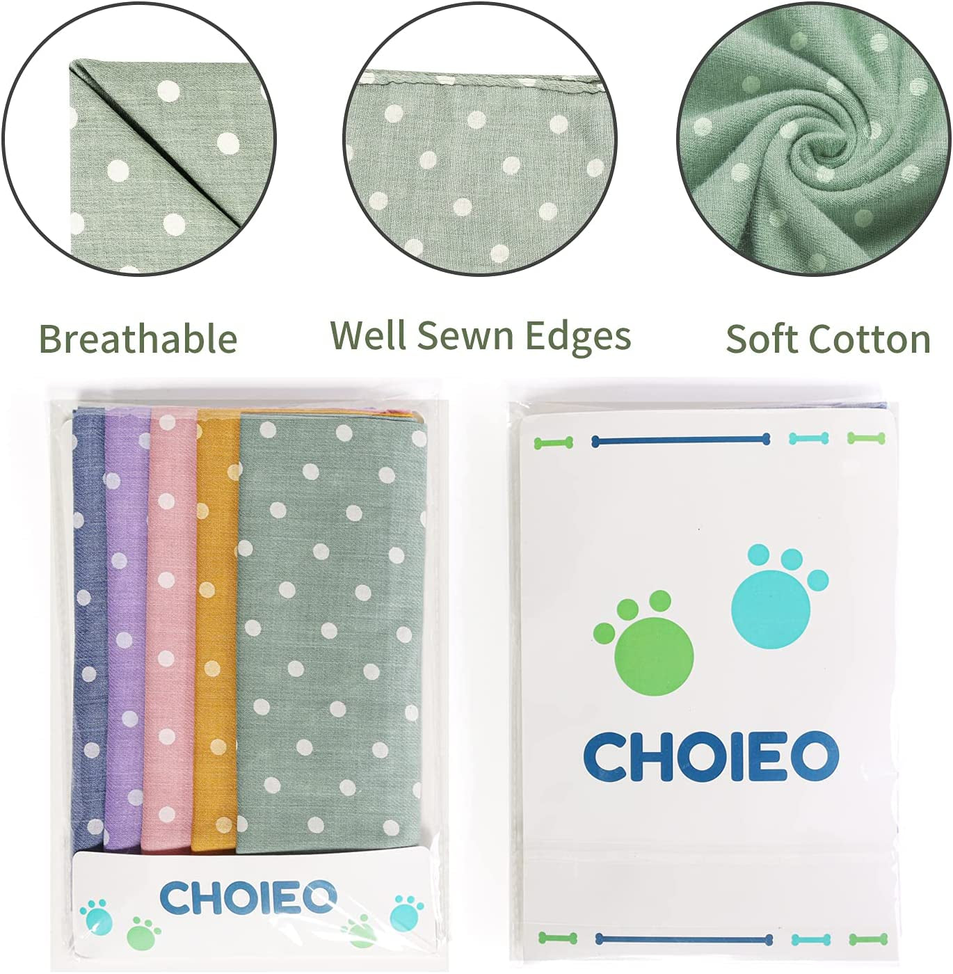 5-Piece Dog Bandanas, Washable Cotton Polka Dots, Reversible, Suitable for Small to Medium Dogs & Cats (Pink+Blue+Yellow+Purple+Green, 17.7 Inches)