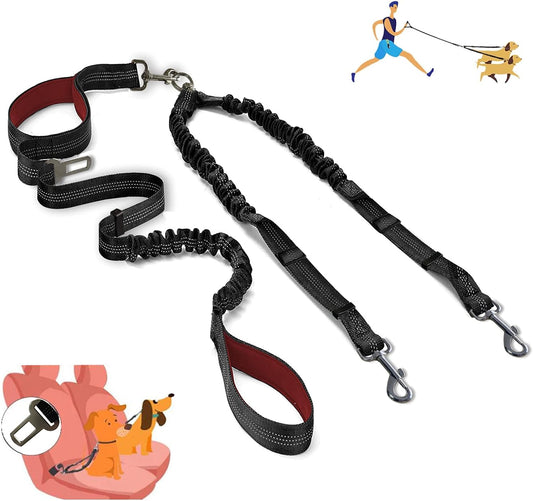 Double Dog Leash - 360 No Tangle Two Dogs Leash, Adjustable, Tangle Free for Small to Large Dogs - Walking & Training (Black + Red)