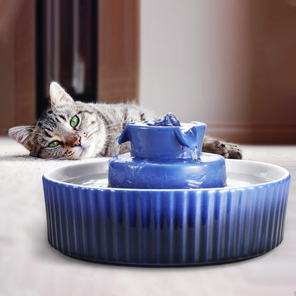 Ceramic Cat Water Fountain, 2.1L/71Oz Pet Fountain for Dog and Cat, 3 Carbon Filters and 2 Pumps (Dark Blue)