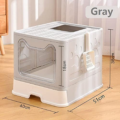 Large Cat Litter Box with Lid, Foldable Cat Litter Box ​With Cat Litter Scoop, Drawer Type Cat Litter Pan Easy to Scoop & Clean, Self Cleaning Cat Litter Box (Gray)