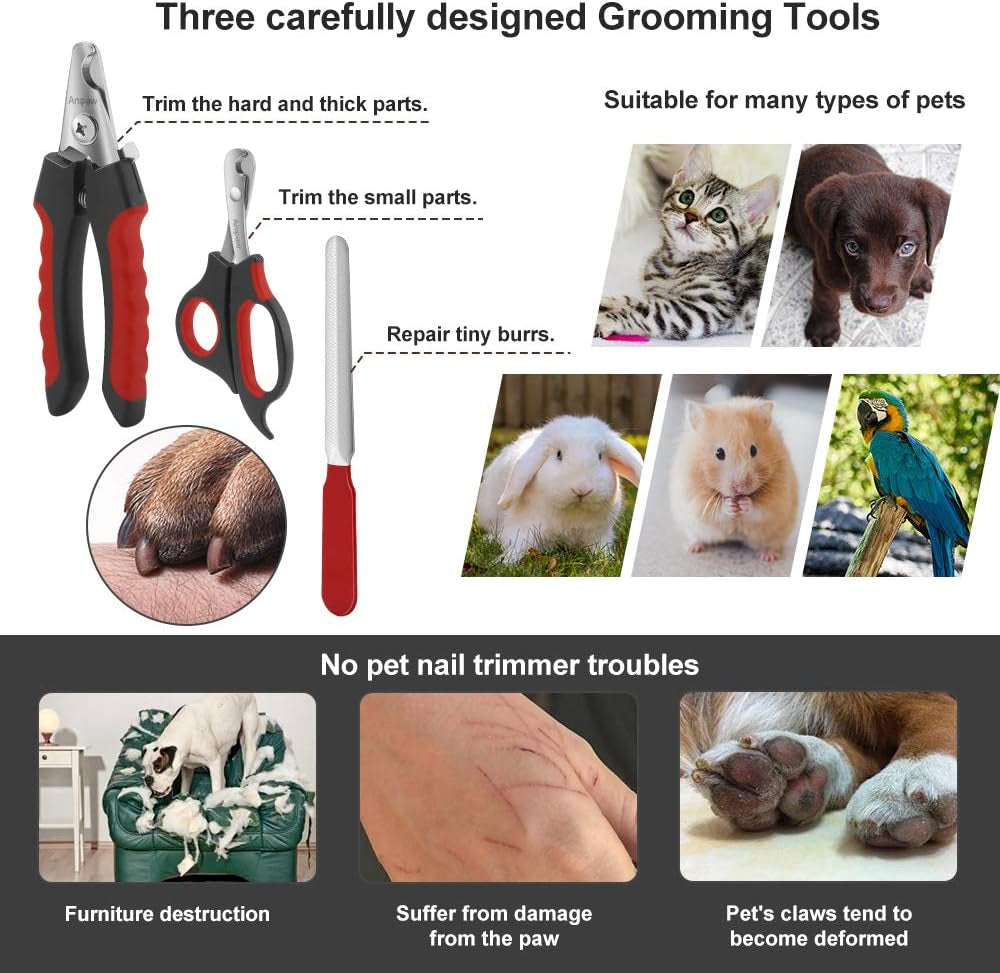 Dog Nail Clippers and Trimmer Set, Anipaw Stainless Steel Non Slip Handles & Razor Sharp Blades, Safety Guard to Avoid Over-Cutting, Grooming Tool for All Small Large Pets, Free Nail File