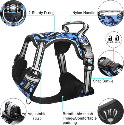 Dog Harness No Pull, Pet Harnesses with Dog Collar, Adjustable Reflective Oxford Outdoor Vest, Front/Back Leash Clips for Small, Medium, Large, Extra Large Dogs, Easy Control Handle for Walking