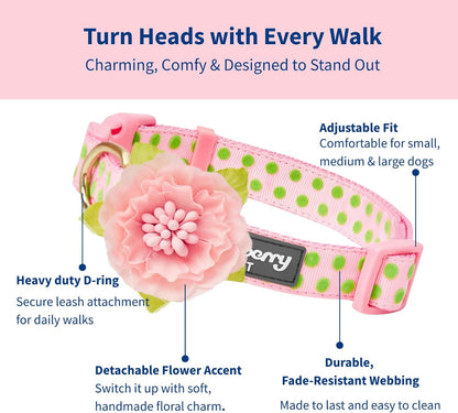 Adjustable Flocking Dog Collar with Silk Flower, Polka Dot in Baby Pink, Large - Dog Collars for Small Dogs, Girl Dog Collars, Pink Dog Collar, Neck 18-26"